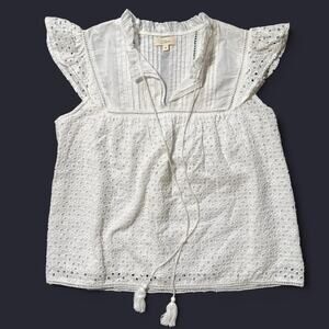 White Elan Eyelet Flutter Sleeve Top  with Tassels